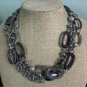 Big Mesh Links Necklace Silver Tone Multi-Strand Beaded Chunky 20 inch